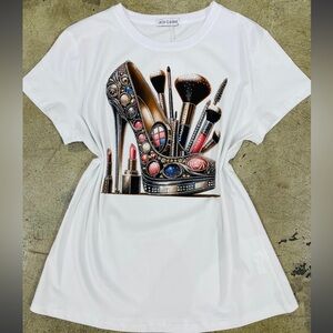 White Graphic Tee with Shoe and Makeup Design